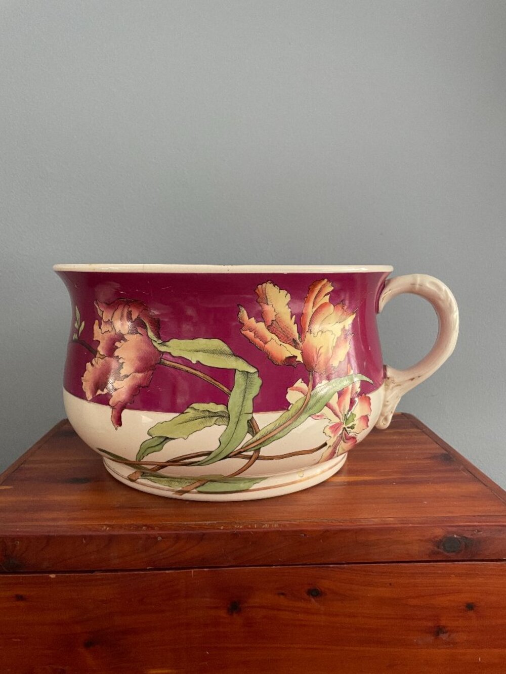 Antique Chamber Pot Old Hall England Magenta Pink Floral Blossom Earthenware